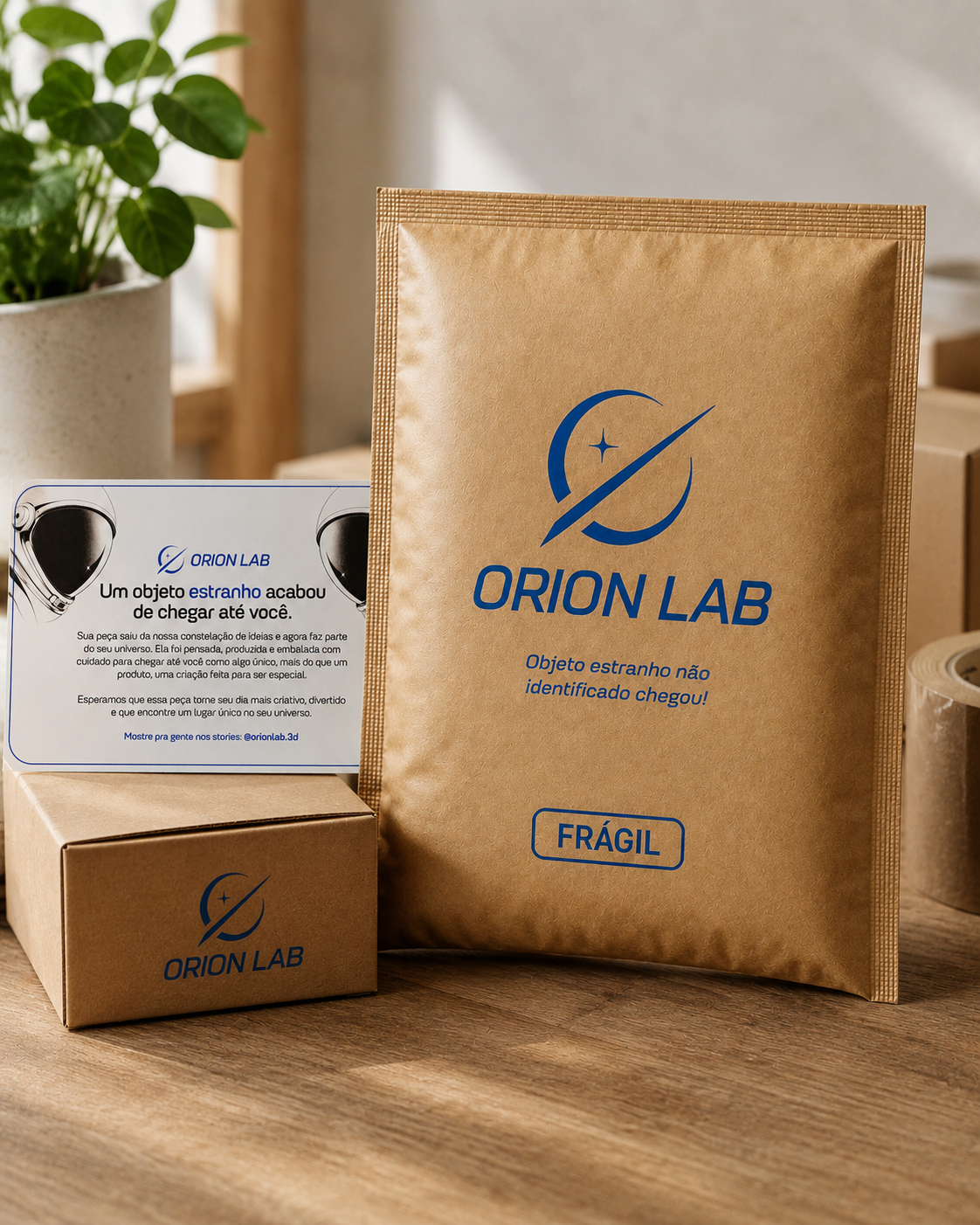 Embalagem OrionLab com envelope kraft, caixa e cartão de agradecimento